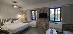 a bedroom with a bed and a flat screen tv at Argolis Rodies Homes in Kilada