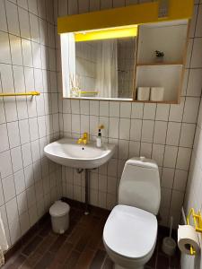 a bathroom with a white toilet and a sink at Overnatning med plads til mange in Holstebro