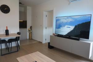 a living room with a large flat screen tv at Level Apartment in Kostajnica