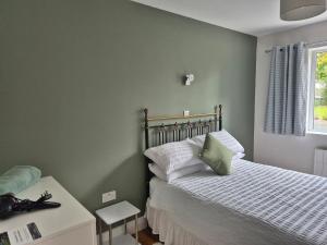 a bedroom with a bed with green walls and a window at Guest Suite in County Limerick in Pallaskenry