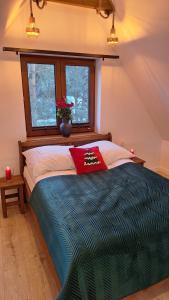 a bedroom with a large bed with a window at Domek Julia in Krościenko