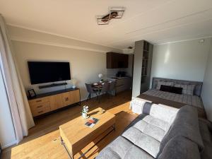 a living room with a couch and a flat screen tv at Nameja Apartamenti in Riga +5 photos