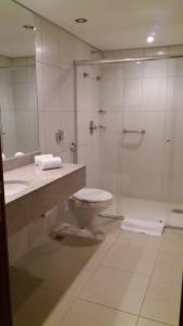 a bathroom with a shower and a toilet and a sink at Gales Park Hotel in Dourados