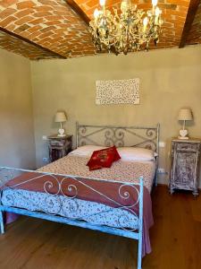 a bed in a bedroom with a chandelier at La Mela Antica in Cherasco