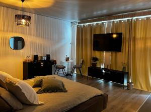 a bedroom with a bed and a flat screen tv at La suite 44 in Le Locle