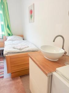 a bathroom with a sink and a bed at Beenie 3 in Linz +1 photo