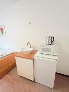 a kitchen with a sink and a microwave on a counter at Beenie 3 in Linz
