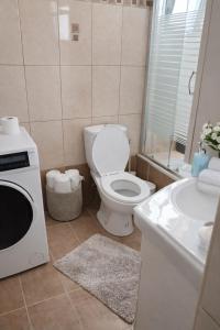 a small bathroom with a toilet and a sink at Epanomi apartment in Epanomi +8 photos