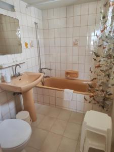 a bathroom with a toilet and a sink and a tub at Profelia Sea View Apartment in Paralimni