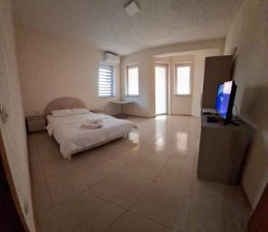 a bedroom with a bed and a flat screen tv at Villa Strmec in Peštani