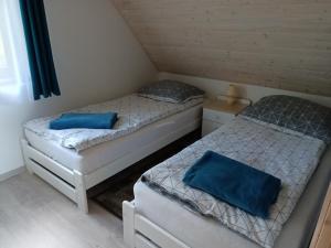 two beds in a small room with blue pillows at Domek Anusia in Brożówka