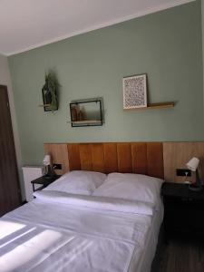 a bedroom with a bed and a mirror on the wall at Apartament Podmiejska in Jastrzębie Zdrój