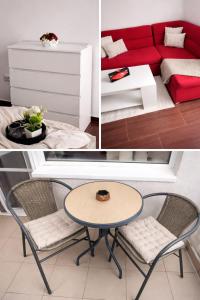 a living room with a red couch and a table at One-Bedroom flat Meden Rudnik zone B in Burgas +5 photos