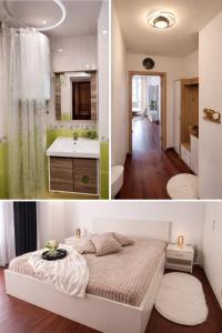 a bedroom and a bathroom with a bed and a sink at One-Bedroom flat Meden Rudnik zone B in Burgas