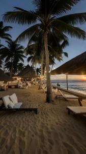 a beach with chairs and palm trees and the ocean at Paradise View Villas in Malindi