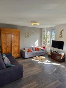 a living room with two couches and a tv at Les appartements du Marché in Dinan
