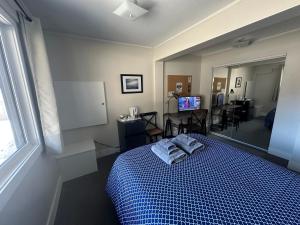 a hotel room with a bed and a television at Bear Valley Guesthouse in Stewart