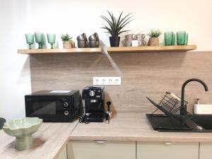 a kitchen counter with a coffee maker and a microwave at River Apartman 2 in Odorheiu Secuiesc
