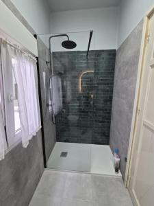 a bathroom with a shower with a glass door at Espacio Yina Grado in Grado