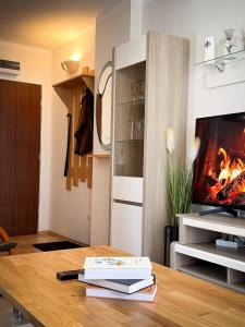 a living room with a fireplace and a table with books at Apartament Orange Piastowska in Ostróda +15 photos