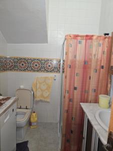 a bathroom with a toilet and a shower and a sink at Dar lel khedija in Mahdia +6 photos