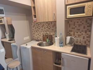 a small kitchen with a sink and a microwave at Тоmiк Liepaja in Liepāja +17 photos