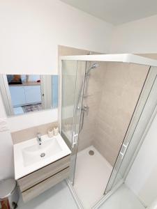 a bathroom with a shower and a sink at Atelier Marguerite, plain-pied au cœur de Tonnerre in Tonnerre +18 photos