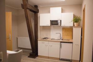 a small kitchen with white cabinets and a sink at Dahlmanns Pension am Park in Oranienbaum-Wörlitz