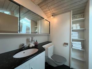 a bathroom with a sink and a toilet and a mirror at Ferienlenk Mountain Village in Lenk +31 photos
