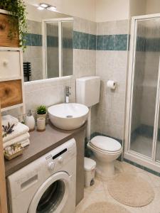 a bathroom with a washing machine and a sink at Oxygen Riva del Garda Monolocale con Balcone e Bike Room in Riva del Garda