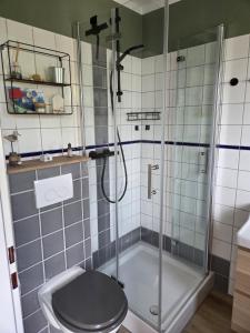 a bathroom with a shower and a toilet at Lüdde Stuv am Meer in Husum +15 photos