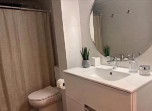 a bathroom with a sink and a toilet and a mirror at Increible Chalet en La Parva in Santiago +11 photos
