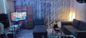 a living room with a couch and a tv at Cocon Alizé - Studio cozy, Port-Louis centre, plage à 10 min à pied in Port-Louis +10 photos