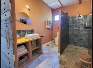 a bathroom with a sink and a shower at Casa Gaïa in Borge