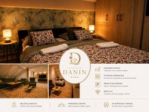 a hotel room with a bed and a room with a menu at Danin's Home in Tuzla +9 photos