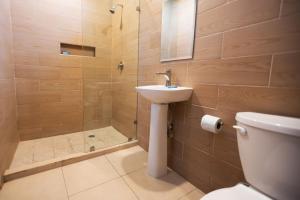 a bathroom with a shower and a sink and a toilet at Suites Real Tabasco in Villahermosa +10 photos