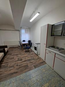 a room with a table and chairs and a white refrigerator at Byt v okresu Děčin in Dolní Habartice