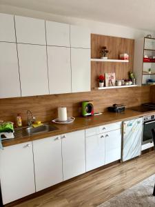 a kitchen with white cabinets and a sink at Philippos in Bujanovac