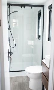 a bathroom with a shower and a toilet at Gold Mine Lofts in Idaho City