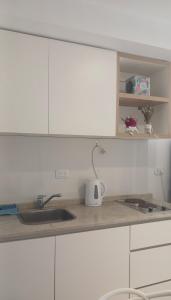 a kitchen counter with a sink and white cabinets at Centro suite II in Santiago del Estero