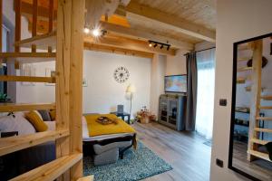 a bedroom with a bunk bed and a living room at B&B Plitvice Holiday Lodge in Plitvička Jezera