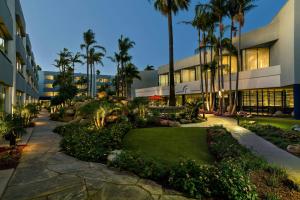a garden in front of a building with palm trees at Ventura Beach Marriott in Ventura