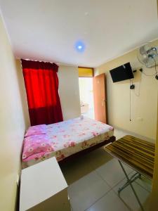 a small room with a bed and a red curtain at Hospedaje De Joce in Nazca