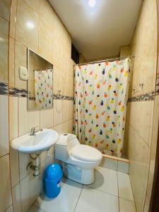 a bathroom with a sink and a toilet and a shower at Hospedaje De Joce in Nazca