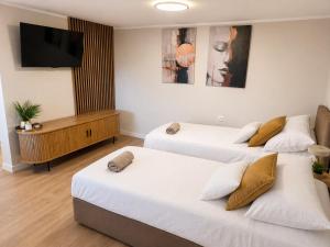 a hotel room with two beds and a flat screen tv at Lake House Mierzyn in Mierzyn