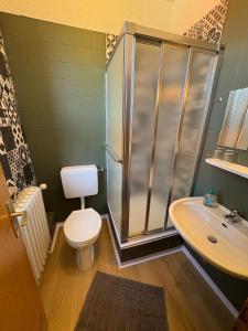 a bathroom with a shower and a toilet and a sink at Pension moos & morgenrot - St Andreasberg in Sankt Andreasberg +22 photos
