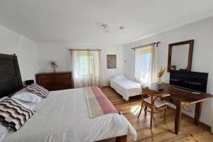 a bedroom with a bed and a table and a desk at Maso Sasso - La Locanda di Putipù in Villa Lagarina
