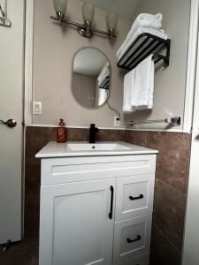 a bathroom with a white sink and a mirror at Bloom House 樱花民宿 in White Rock