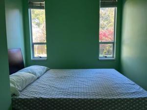 a bed in a green room with two windows at Bloom House 樱花民宿 in White Rock