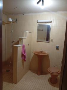 a bathroom with a sink and a toilet and a mirror at Casa Duque in Ribeirão Preto +31 photos